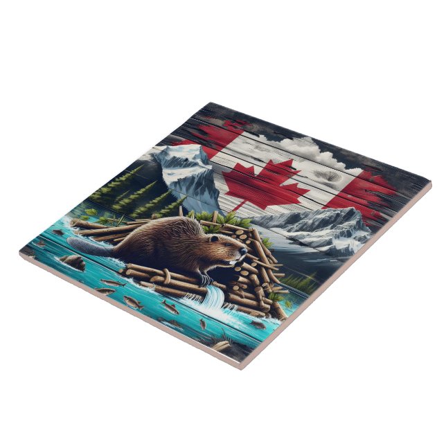 Beaver Building Lodge Near Canadian Flag at Dusk Tile (Side)