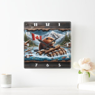 Beaver Builds Lodge by Mountain Stream Square Wall Clock