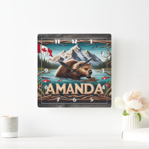Beaver Builds Lodge in Calm Waters Square Wall Clock