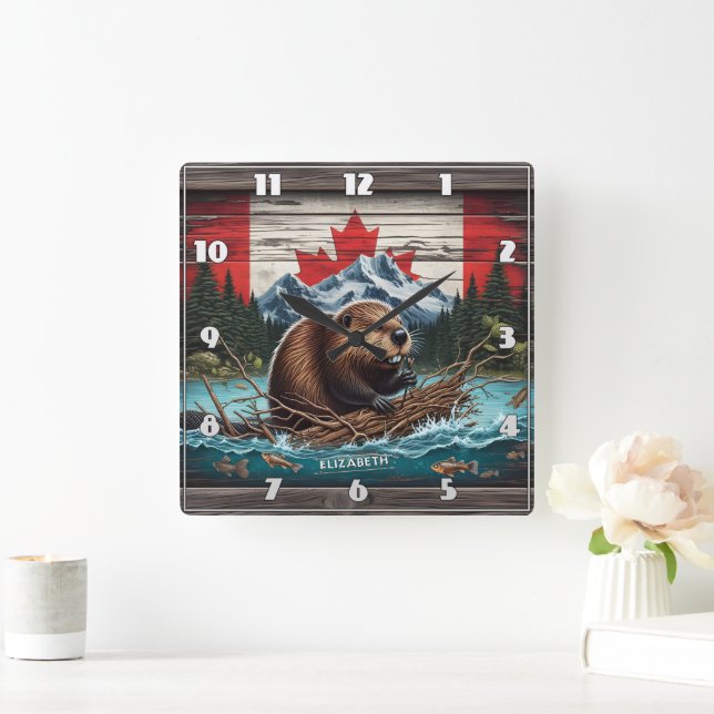Beaver by Mountain, Canadian Flag Square Wall Clock (Home)