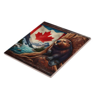 Beaver By River With Canadian Flag Tile
