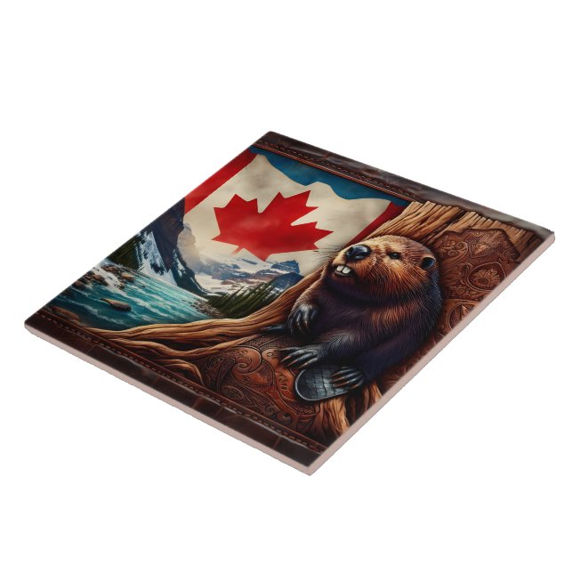 Beaver By River With Canadian Flag Tile (Side)
