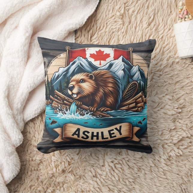 Beaver by River With Mountains Behind Throw Pillow (Blanket)