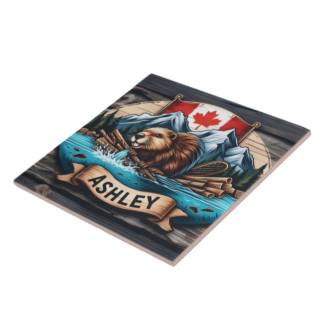 Beaver by River With Mountains Behind Tile (Side)