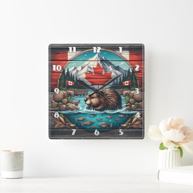 Beaver by Tree, Canadian Pride Square Wall Clock (Home)