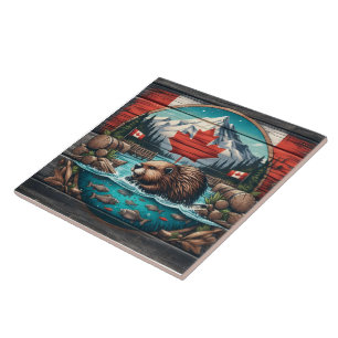 Beaver by Tree, Canadian Pride Tile