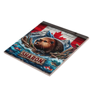 Beaver by Water With Canadian Flag Tile