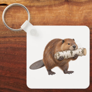 Beaver Carrying a Birch Log Keychain