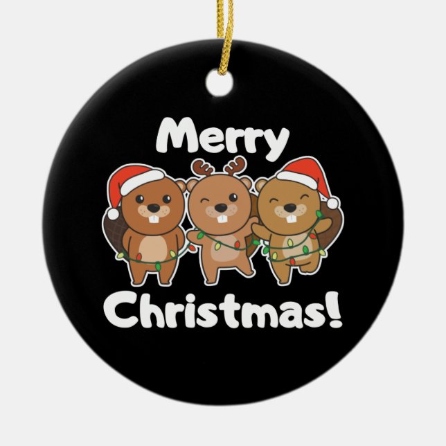 Beaver Christmas Animals Beavers Merry Christmas C Ceramic Ornament (Front)