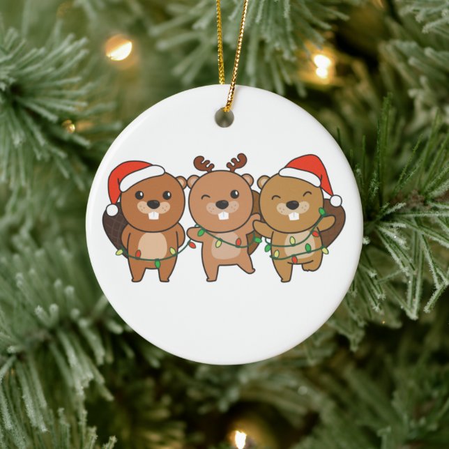 Beaver Christmas Christmas Animals Cute Beaver Cer Ceramic Ornament (Tree)