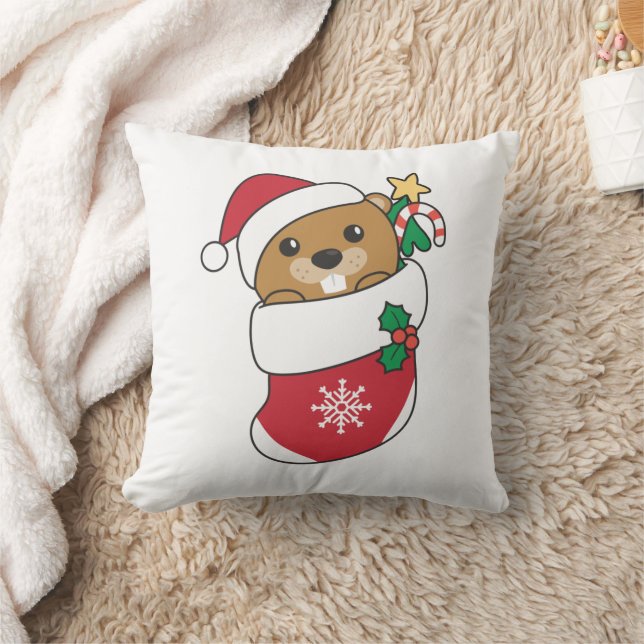Beaver Christmas Snow Winter Animals Beaver Throw Pillow (Blanket)