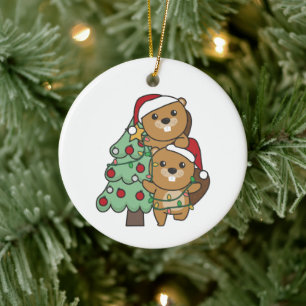 Beaver Christmas Tree Christmas Animals Beavers Ceramic Ornament