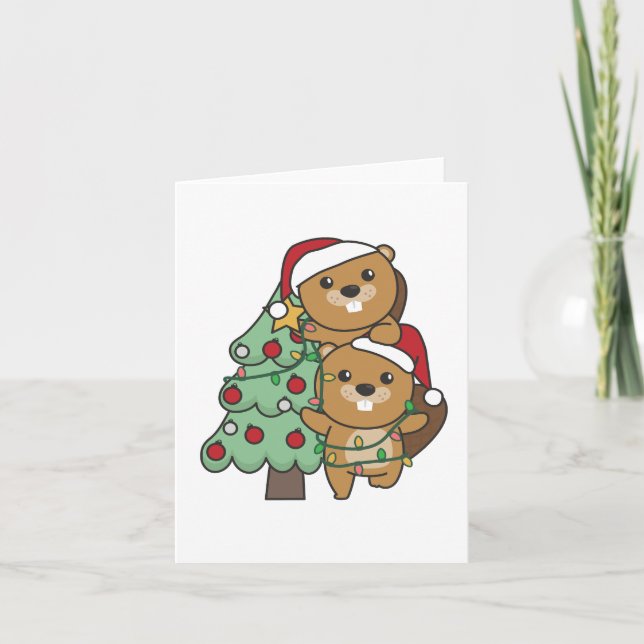 Beaver Christmas Tree Christmas Animals Beavers Holiday Card (Front)