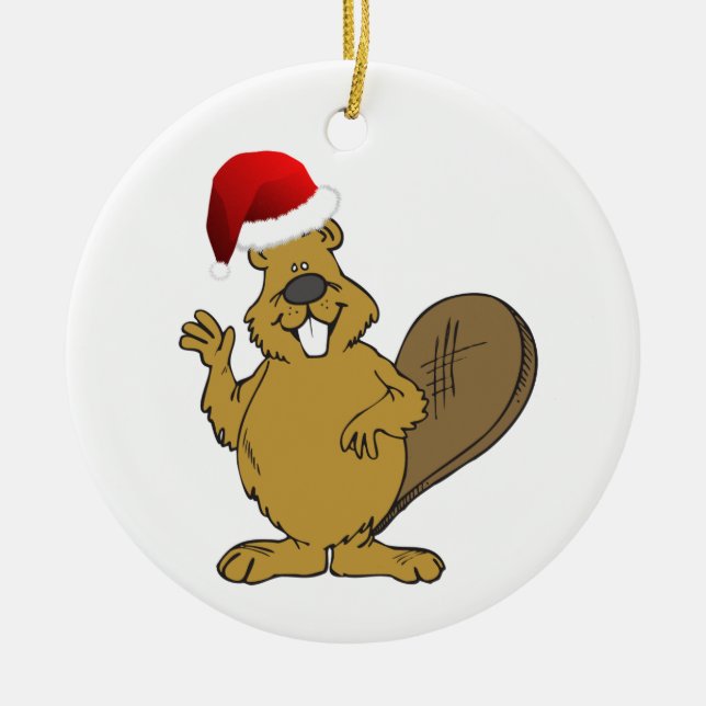 Beaver cute santa hat ceramic ornament (Front)