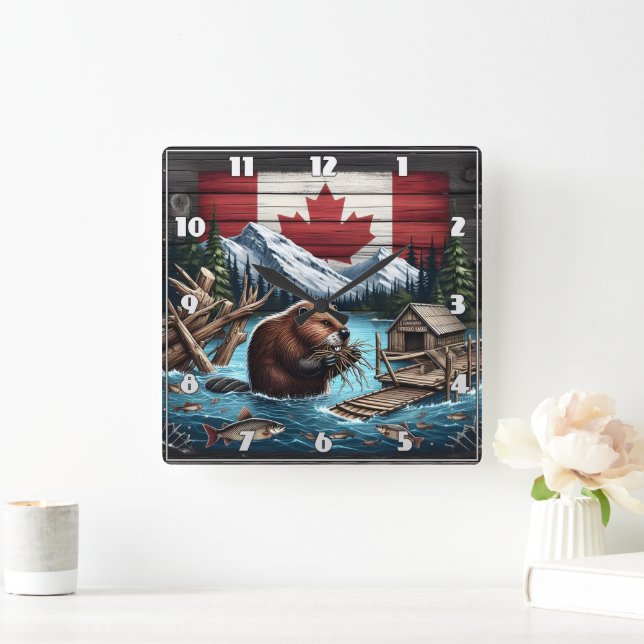 Beaver Gathering Branches Near Canadian Mountains Square Wall Clock (Home)