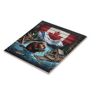 Beaver Gathering Branches Near Canadian Mountains Tile