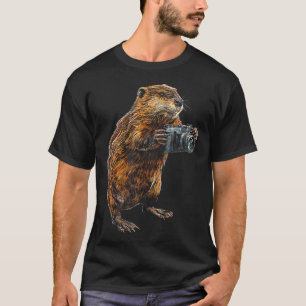 Beaver Holds Camera Animal Lover Illustration Moti T-Shirt