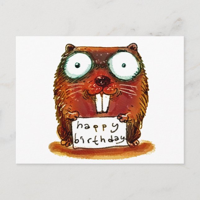 beaver holds happy birthday message cartoon postcard (Front)
