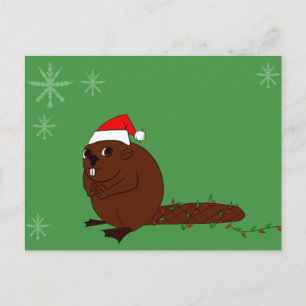 beaver in a santa hat holiday postcard