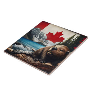 Beaver in Canadian Wilderness With Flag Background Tile