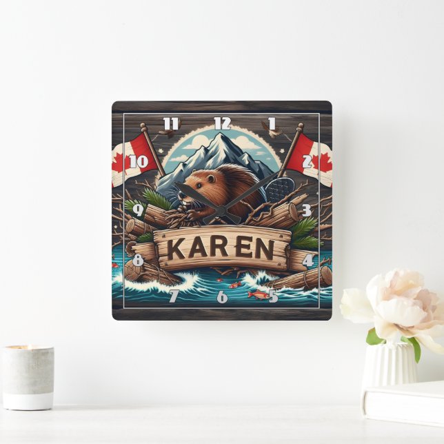 Beaver, Logs, Flags, and Mountains Square Wall Clock (Home)
