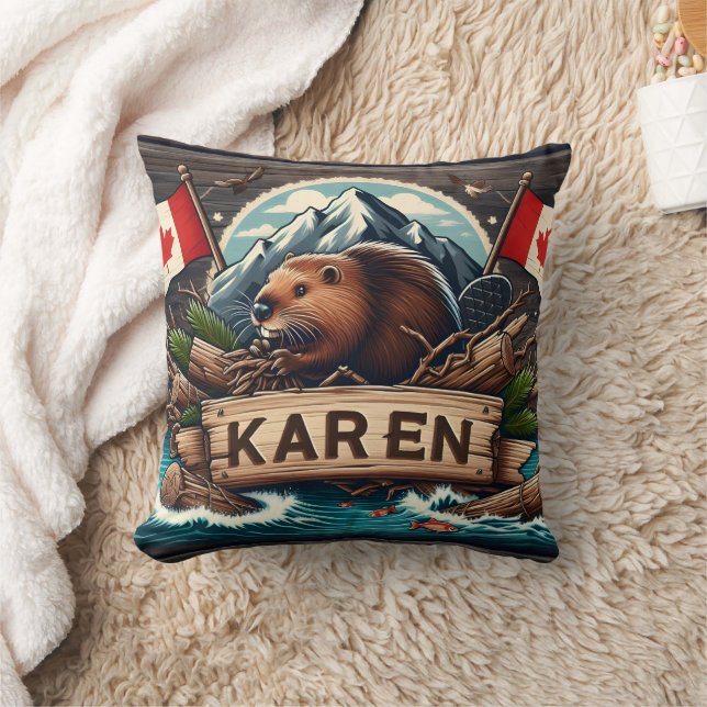 Beaver, Logs, Flags, and Mountains Throw Pillow (Blanket)