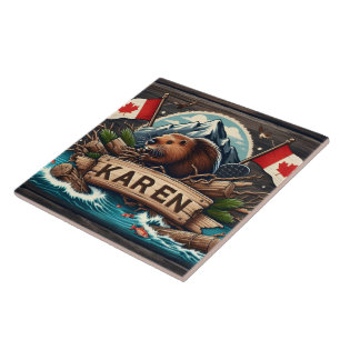 Beaver, Logs, Flags, and Mountains Tile
