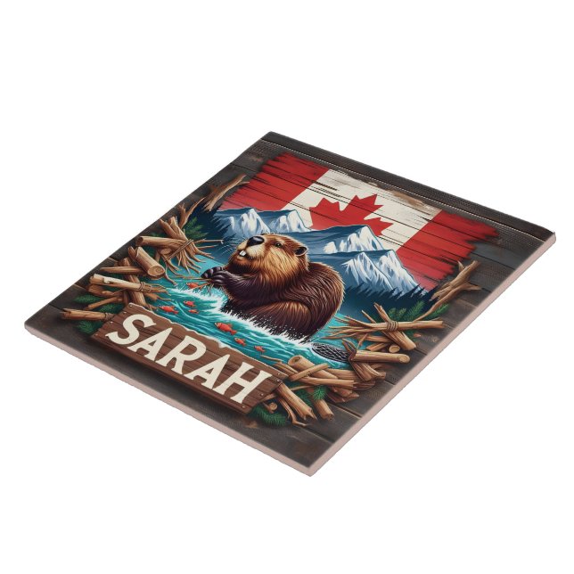 Beaver, Mountain, Flag, Blue Ocean Tile (Side)