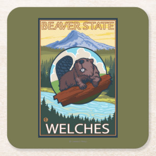Beaver & Mt. Hood - Welches, Oregon Square Paper Coaster