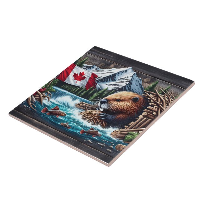Beaver Near Canadian Flag and Mountain Stream Tile (Side)