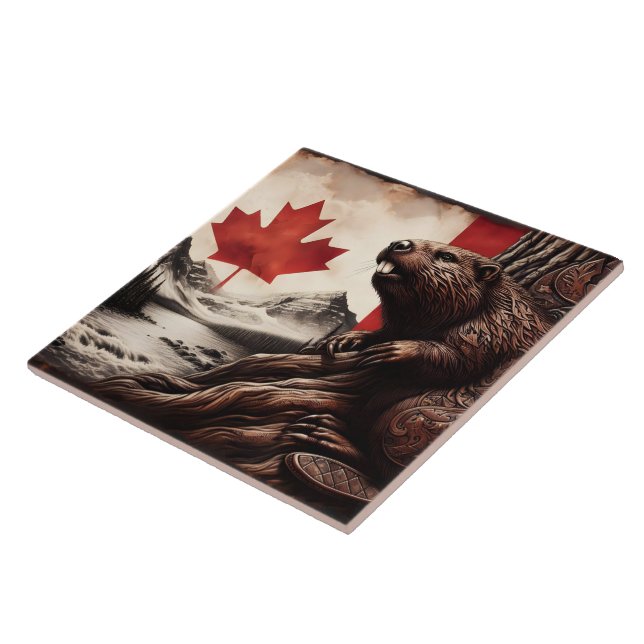 Beaver on a Tree With Canadian Flag and Mountains Tile (Side)