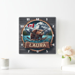 Beaver on a Wooded Lake With Canadian Flag Square Wall Clock