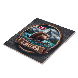 Beaver on a Wooded Lake With Canadian Flag Tile