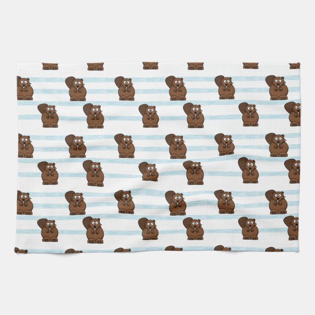 Beaver on blue stripes kitchen towel (Horizontal)