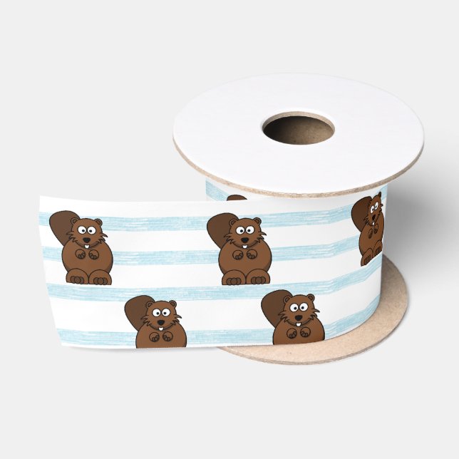 Beaver on blue stripes satin ribbon (Spool)