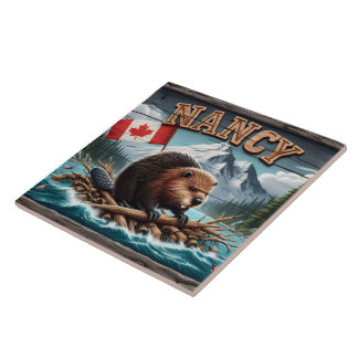 Beaver on Raft With Flag in Scenic View Tile