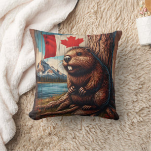 Beaver Sitting by Lake With Canadian Flag Throw Pillow