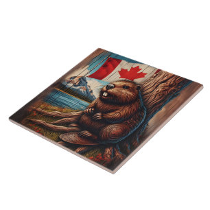 Beaver Sitting by Lake With Canadian Flag Tile