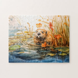 Beaver sitting by pond among reeds jigsaw puzzle