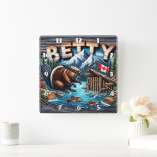 Beaver, Snowy Mountain, Ocean View Square Wall Clock