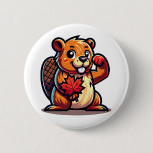 Beaver with a Maple Leaf and Elbows Up Canada 2 Inch Round Button