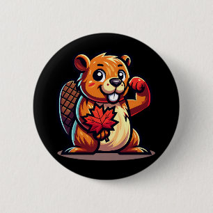 Beaver with a Maple Leaf and Elbows Up Canada 2 Inch Round Button