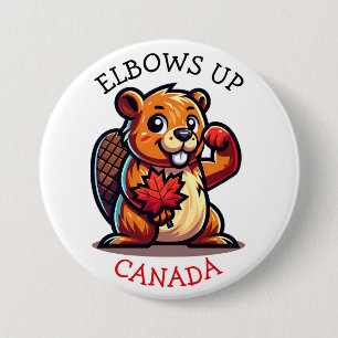 Beaver with a Maple Leaf and Elbows Up Canada 3 Inch Round Button