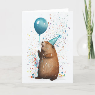 Beaver with Blue Balloon Folded Greeting Card
