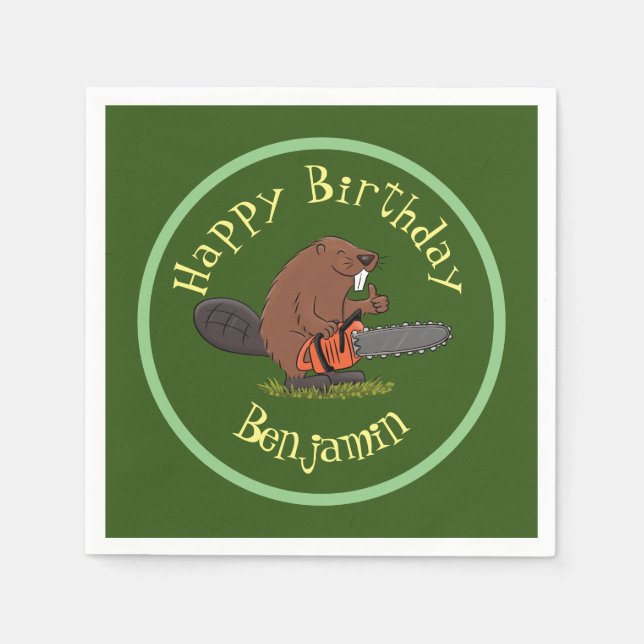 Beaver with chainsaw cartoon napkin (Front)