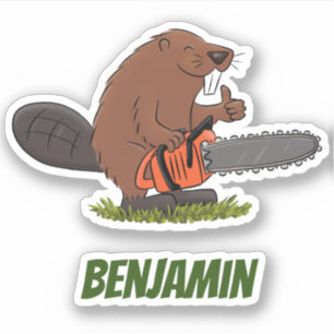 Beaver with chainsaw funny cartoon illustration
