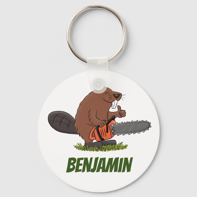 Beaver with chainsaw funny cartoon illustration keychain (Front)