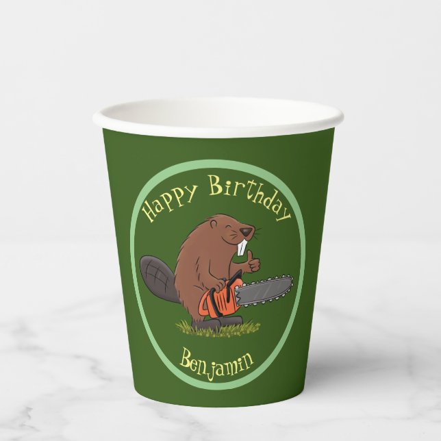 Beaver with chainsaw funny cartoon illustration paper cups (Front)
