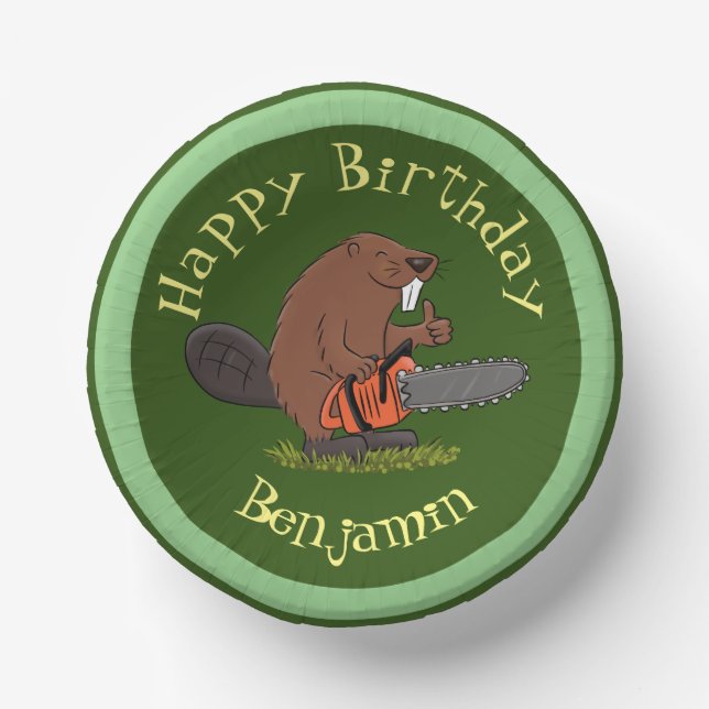 Beaver with chainsaw funny cartoon illustration paper plate (Front)
