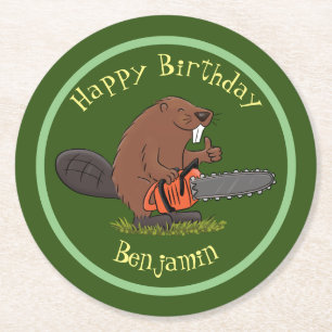 Beaver with chainsaw funny cartoon illustration round paper coaster